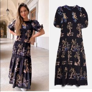 Zara Black Smocked Puff Sleeve Embroidered Print Midi Dress, Size M